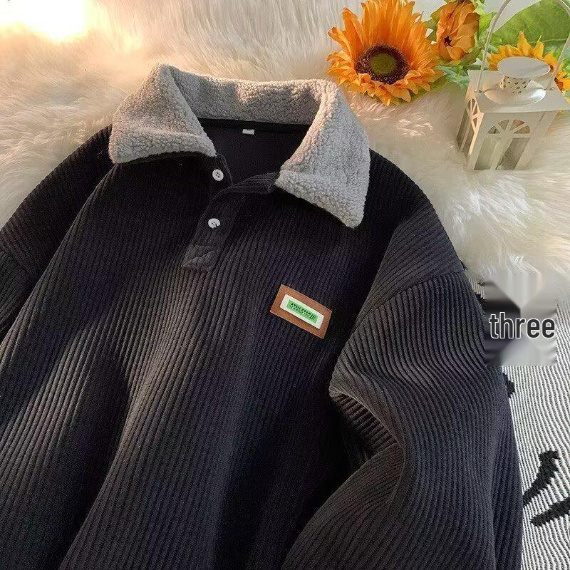 Herren Cord-Polo-Sweatshirt mit Samt-gefütterter Lammwolle für Herbst/Winter, Hong Kong Style, für Teenager