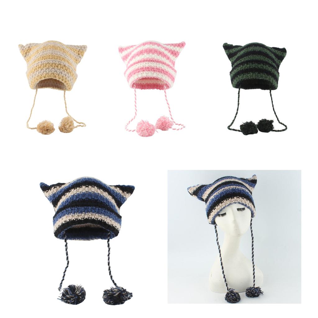 Knit Striped 3D Cat Ear Hat Elastic Windproof Hat with Pom Pom Decor Ear Protector Hat Winter Cycling Skiing Hat