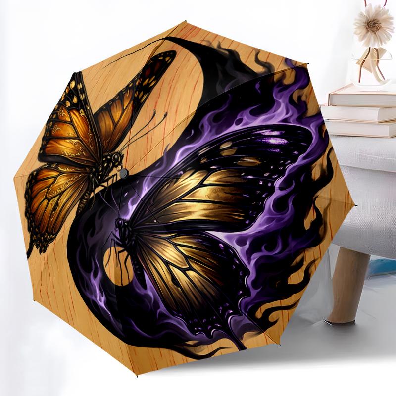

1pc Sturdy 8-Bone Auto Umbrella, Mystic Forest Butterfly Wreath Umbrella, Digital Printed, Foldable Umbrella for On-the-Go Outdoor Use