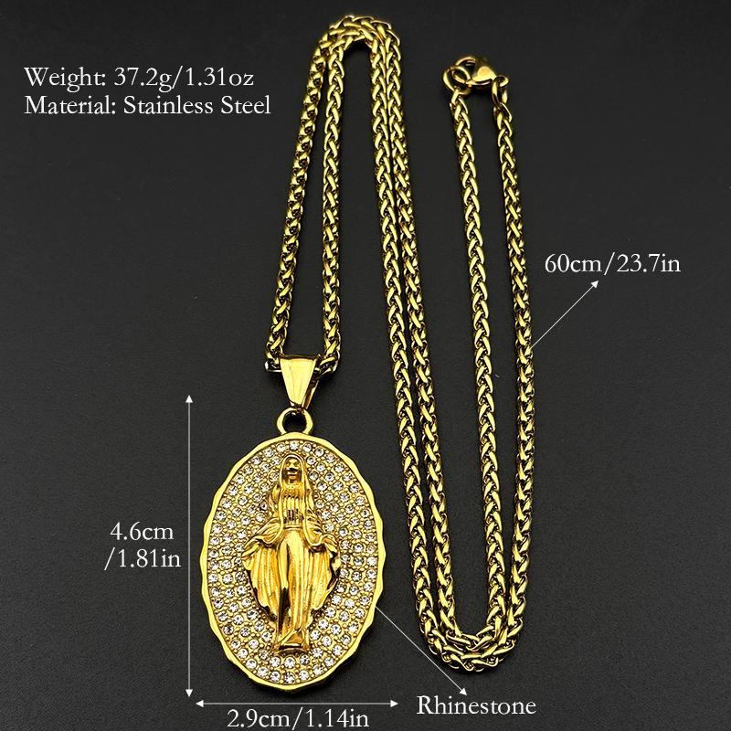 Virgin Mary Crystals Medal Oval Pendant Necklace for Women Men Stainless Steel Gold Color Catholic Religious Necklaces Jewelry
