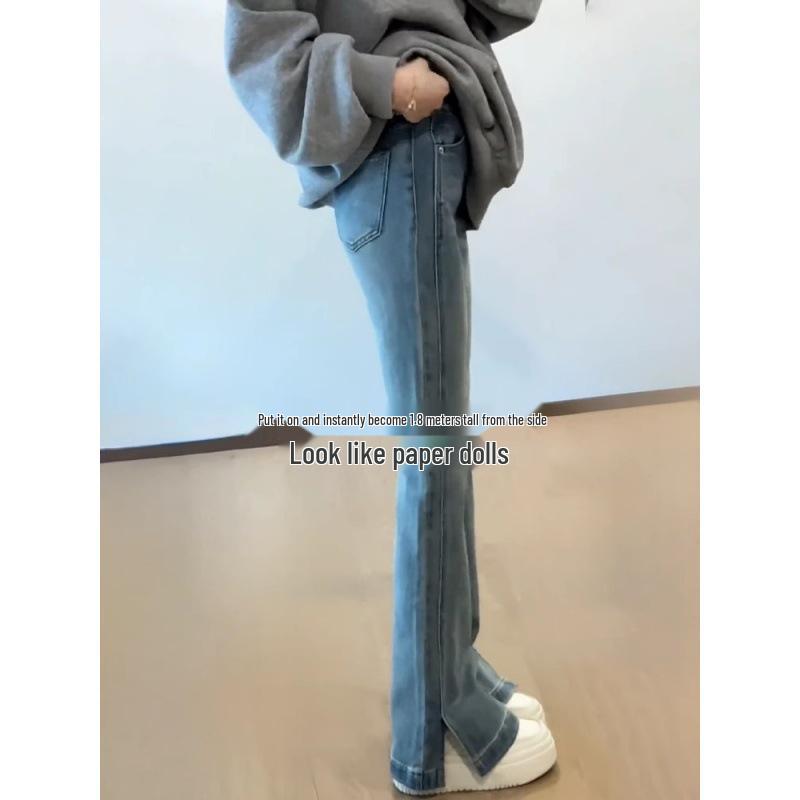 Light Blue High-Waisted Stretchy Bell Bottom Jeans for Women - Autumn 2025 Plus Size Floor-Length Micro-Flare Pants