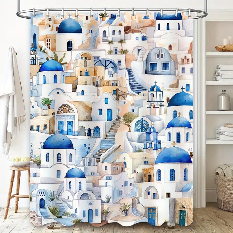 Blue House Shower Curtain Bohemian Style Bathroom Decor Waterproof Printing Watercolor Print 3D Bath Mat Sets Modern Art Decorat