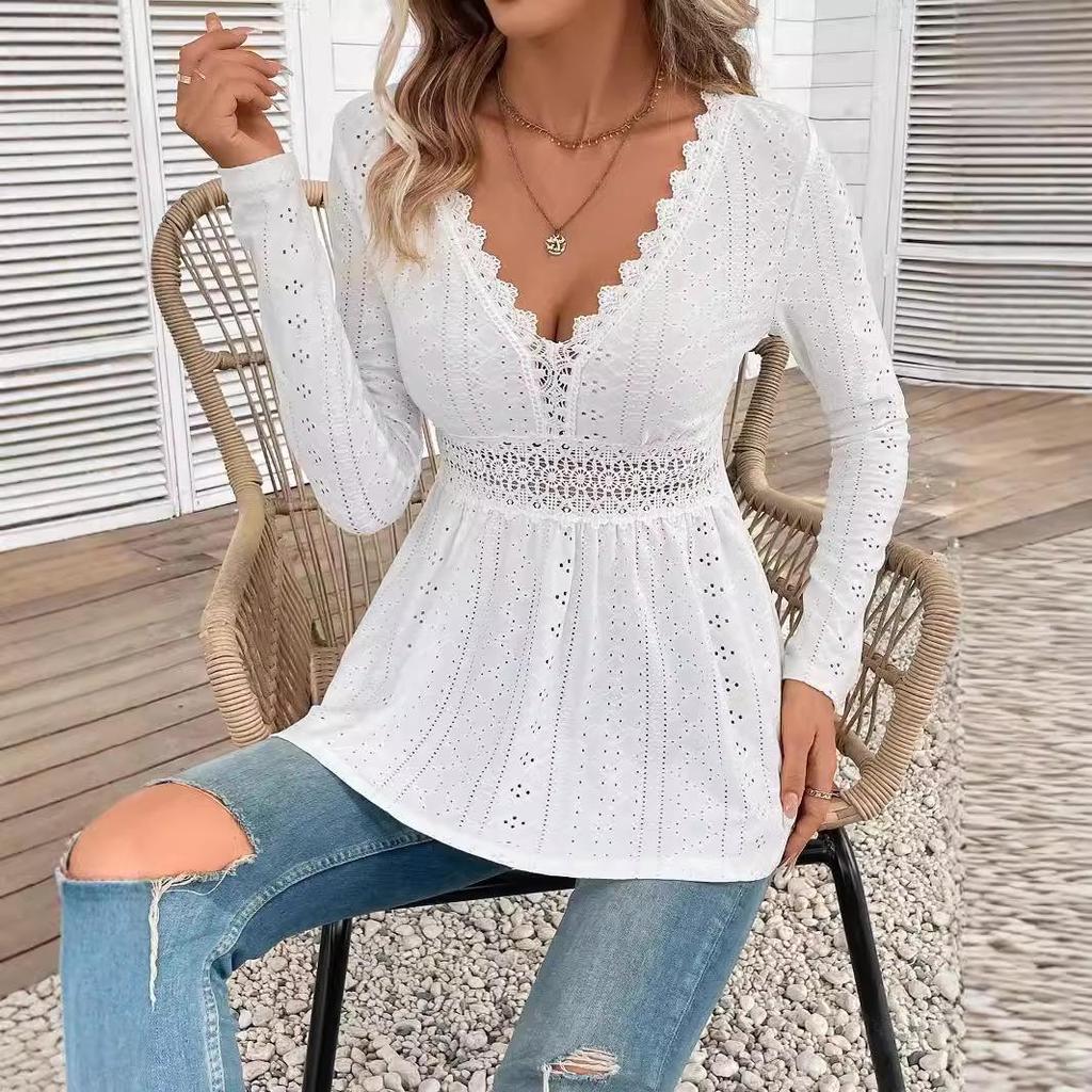 European & American Elegant V-Neck Lace Spliced Long-Sleeve Top for Women - Autumn 2025 Collection