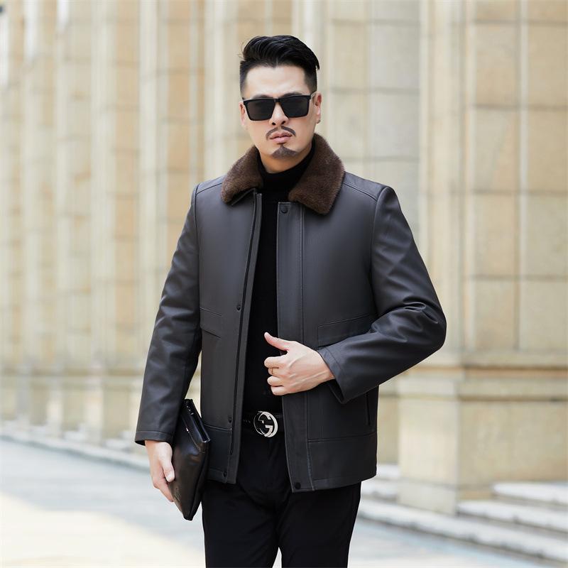 Autumn and winter new men's genuine leather jacket with fur integrated removable liner, velvet and thickened fur collar daddy outfit