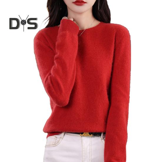 Women Bottoming Sweater Imitation Cashmere Crew Neck Sweater Long Sleeve Solid Color Slim Fit Ribbed Trim Knitting Tops