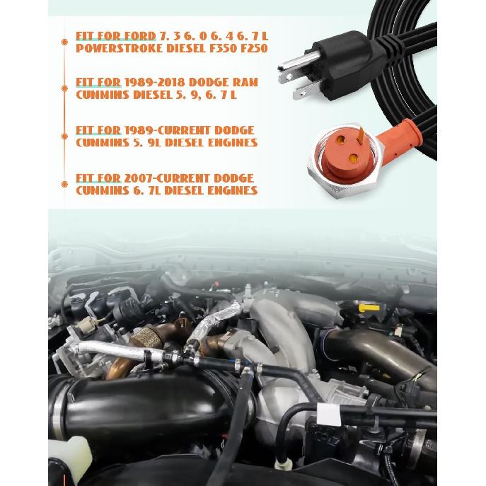 251919 Engine Block Heater Cord Fit For Dodge Ram Cumm 5.9 6.7L Diesel, For Ford 6.0 6.4 6.7 7.3 L Diesel, Heavy Duty Immersion Heater Plug, 120V