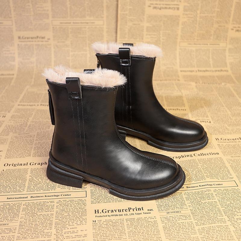 Soft Leather Soft Bottom Low Heel Hairy Mouth Mid Boots Trendy Fashion Boots Women's Boots Autumn and Winter New Velvet Versatile