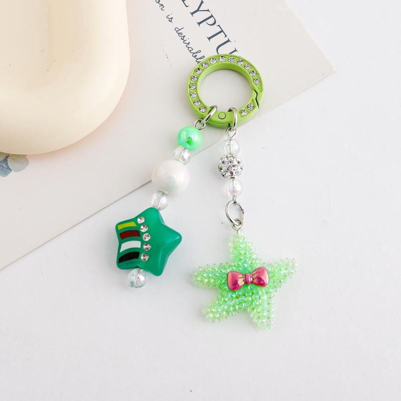 Starfish Beaded Keychain Imitation Pearl Acrylic Pentagram Keyring Girls Earphone Case Phone Decor Ornaments