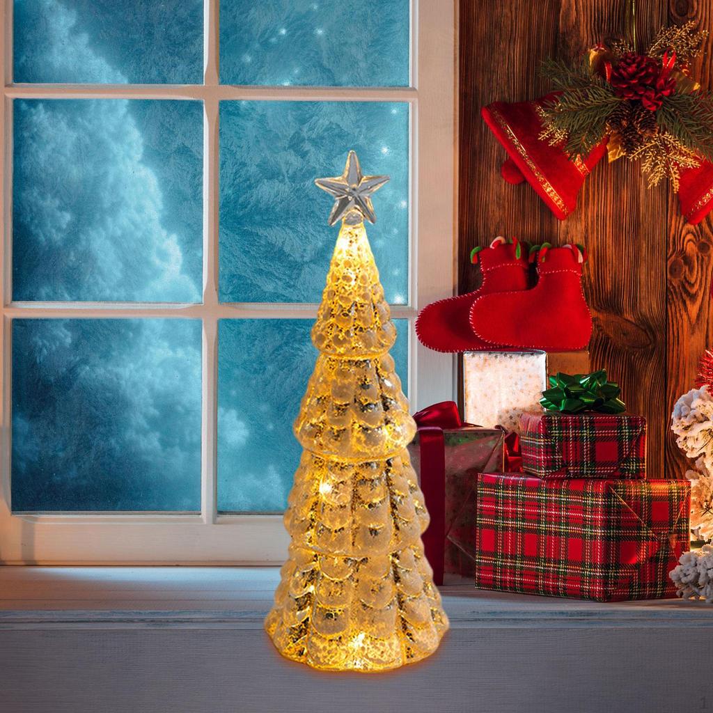 Glass Christmas Tree with Lights Tabletop Xmas Night Light Figurine Ornament for