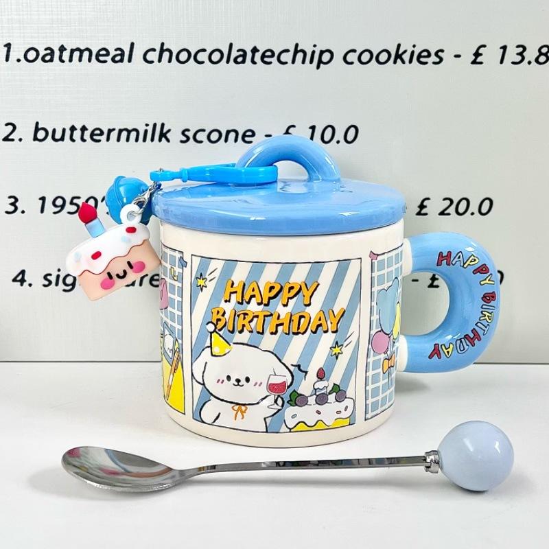 Cute cartoon mug girl gives girlfriend birthday gift puppy cake ceramic cup couple water cup with lid spoon