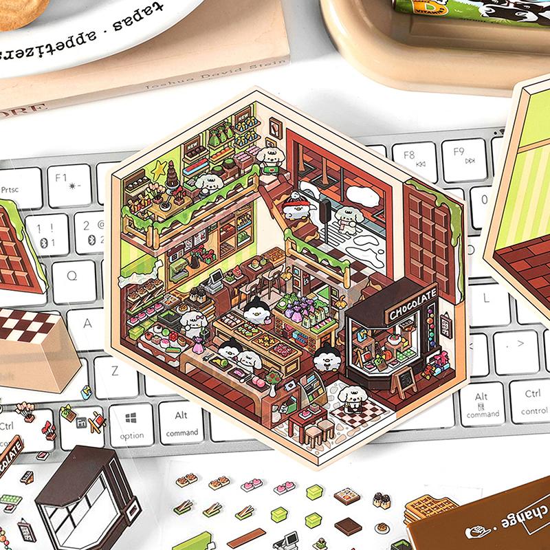1Set Cartoon 3D Landscape Stickers Pocket Cabin Scene Stacking Pasting Stickers Diy Decoration Stickers Festival Birthday Gifts