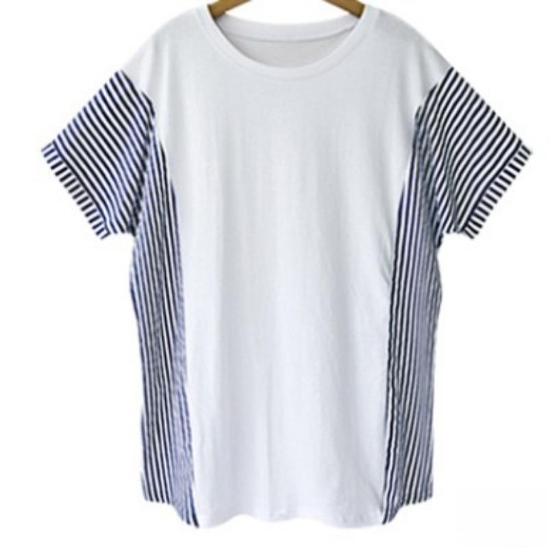Summer Casual Pinstripe Striped Patchwork T-Shirt Round Necked T-Shirt Classic-Fit Short Sleeve T-Shirt for Female Women's Commuter Fashion T-Shirt