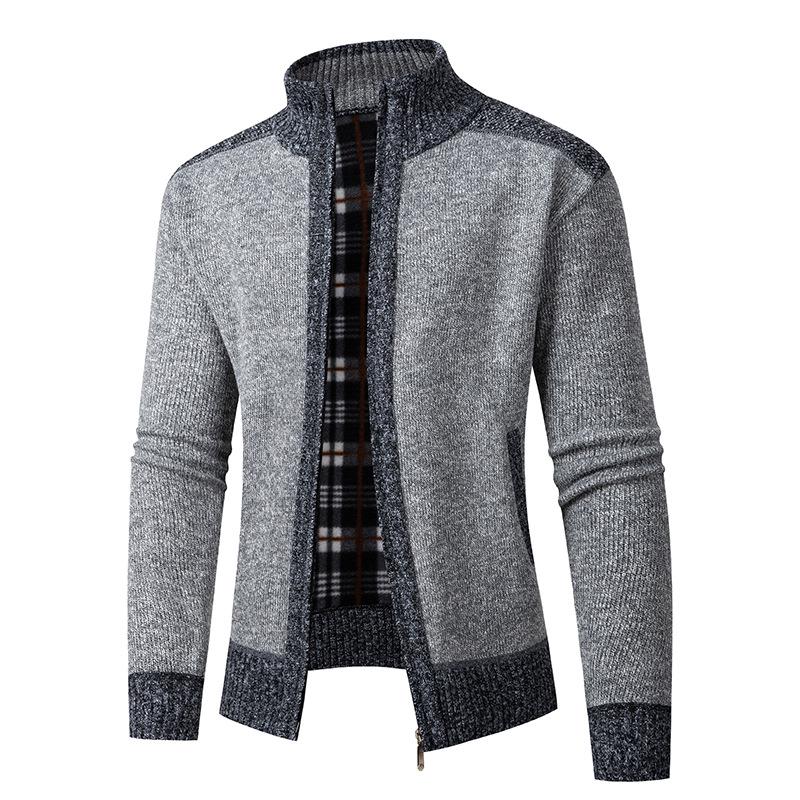 2025 Men's Solid Color Knit Zipper Cardigan - Thick Plus Velvet Coat for Autumn & Winter