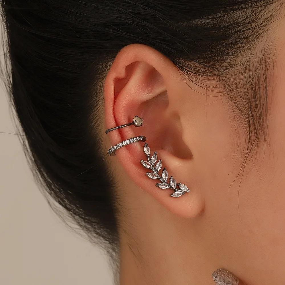3pcs Set Temperament Charm Sparkly Inlaid Zircons Leaf Flower Sunflower Stud Earrings No Ear Piercing Ear Clip for Women Jewelry