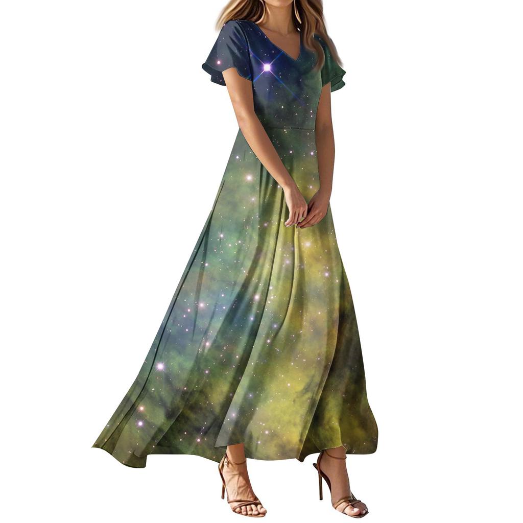 Women's Summer Casual Fashion -Print V-Neck Short-Sleeve Patchwork Dress