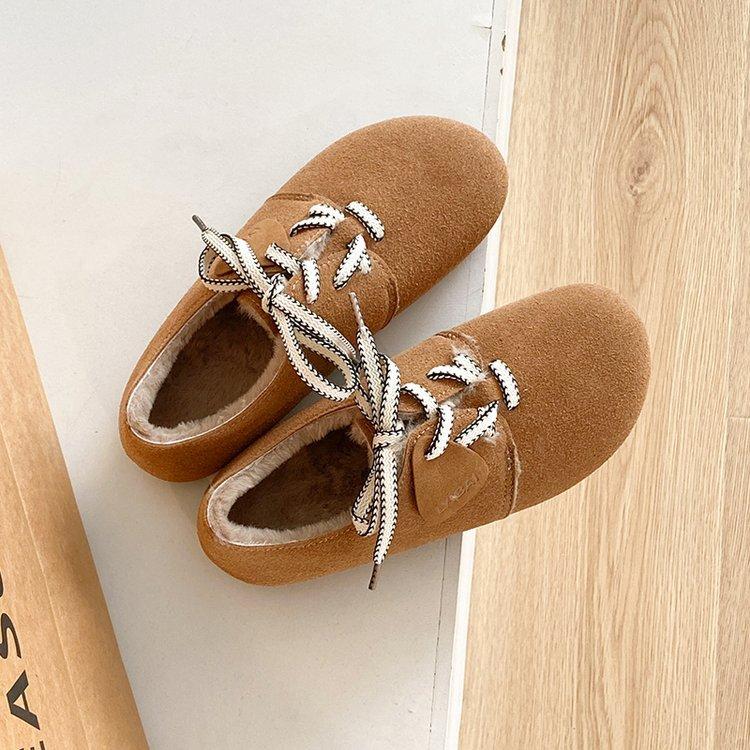 Fashion Spring Fall Women's Padded Warm Cotton Shoes Winter Retro Round Head Lace-up Versatile Flat Single Shoes