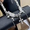Silver Wing Crucifix Tassels Leather Choker Necklace Adjustable Length Clavicle Chain Stylish Accessory for Trendy Youth