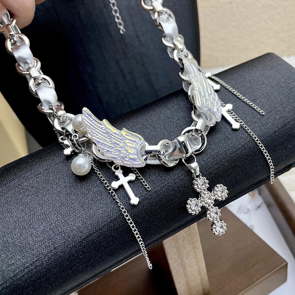 Silver Wing Crucifix Tassels Leather Choker Necklace Adjustable Length Clavicle Chain Stylish Accessory for Trendy Youth