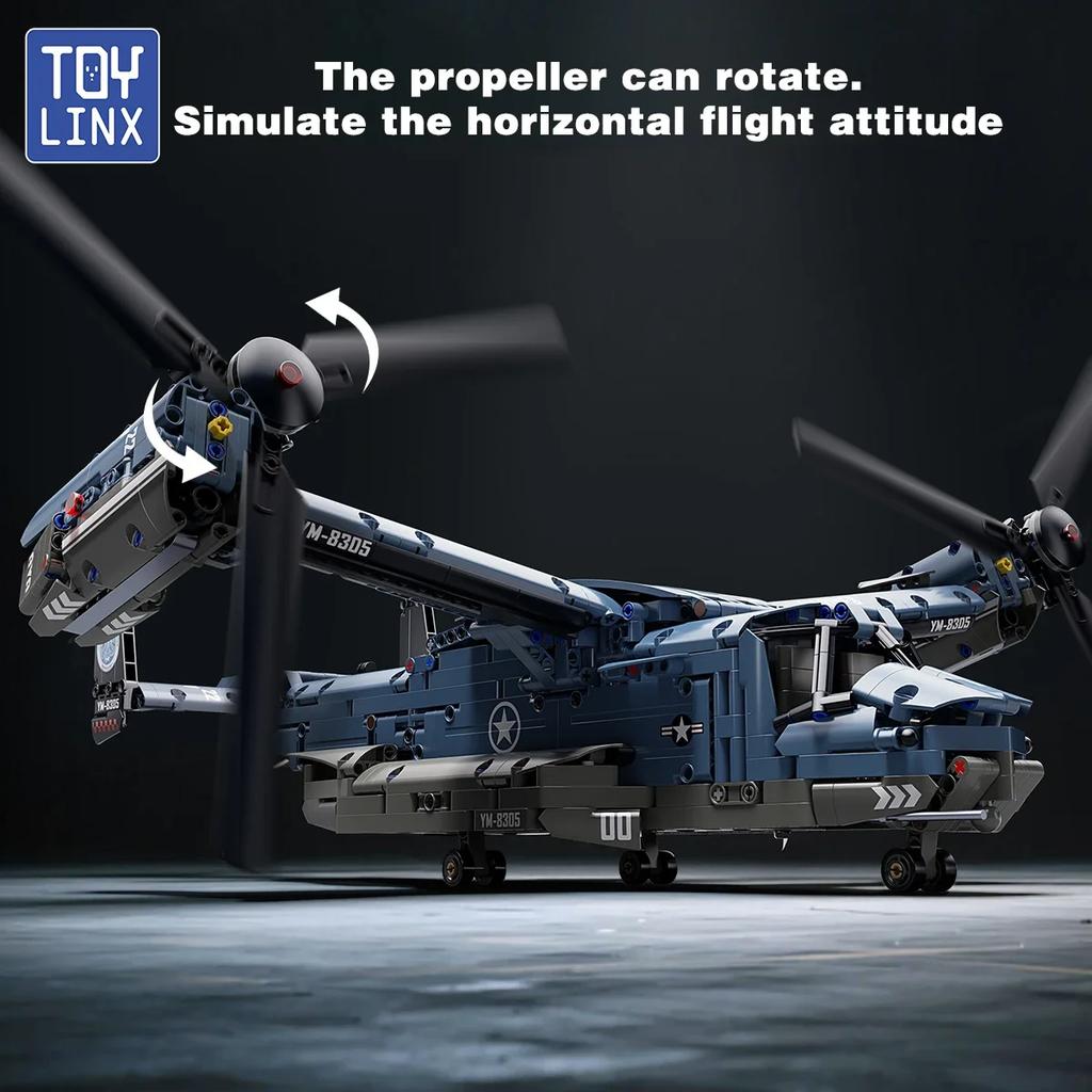 TOYLINX 1486pcs Tiltrotor Aircraft Helicopter Building Blocks 360° Propeller Military Helicopter Block DIY Airplane Assembly Toy