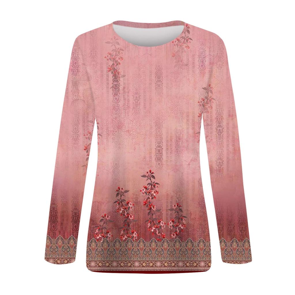 Women's Fashion Casual Long Sleeve Print Round Neck Pullover Top Blouse