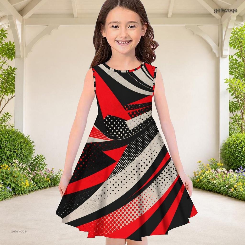 Girls Sleeveless Round Neck Geometric Printed A Line Flared Dress Red Black Beige