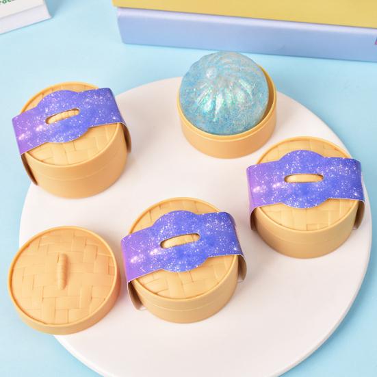 12Pcs Stress Relief Dumpling Squeeze Toy with Steamer Clear Glitter Steamed Bun Sensory Toy