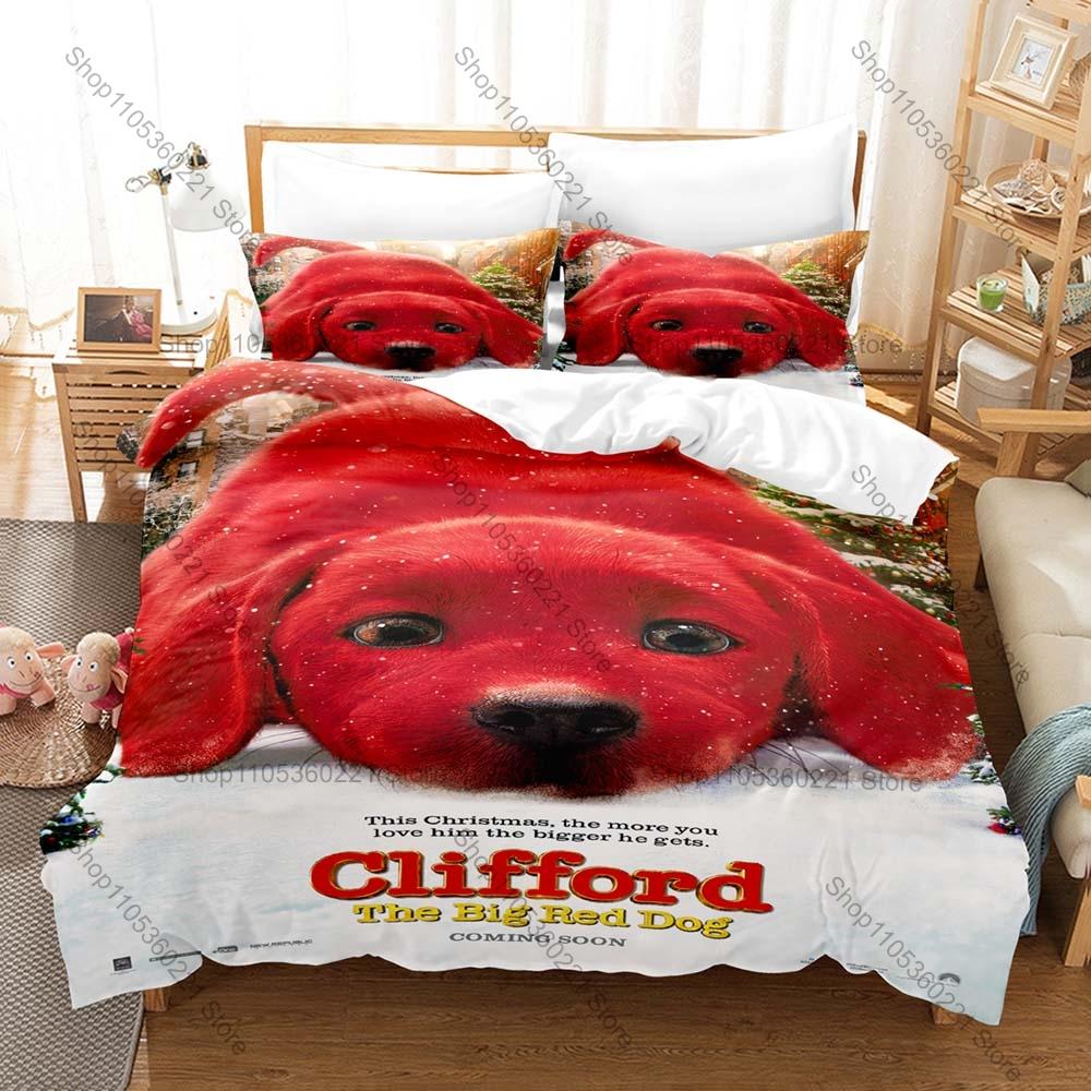 Joli Ensemble de Linge de Lit Dessin Animé Clifford le Grand Chien Rouge Housse de Couette + 2 Taies d'Oreiller Kawaii Anime Décoration de Chambre AU Single(140x210cm)
