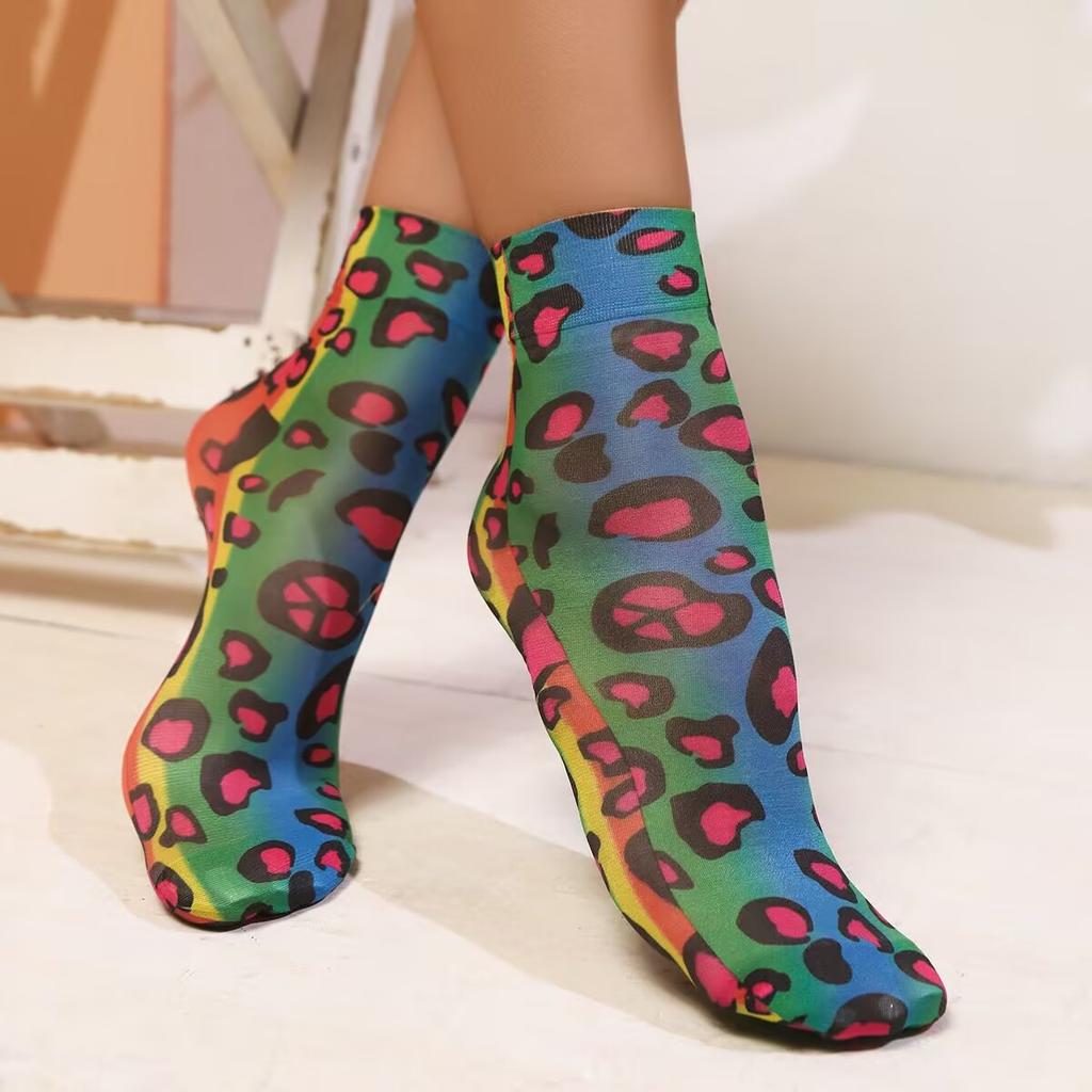 Leopard Large Flower Print Short Socks Summer Single Shoes Short Stockings High Elastic Comfortable Breathable Ultra-thin