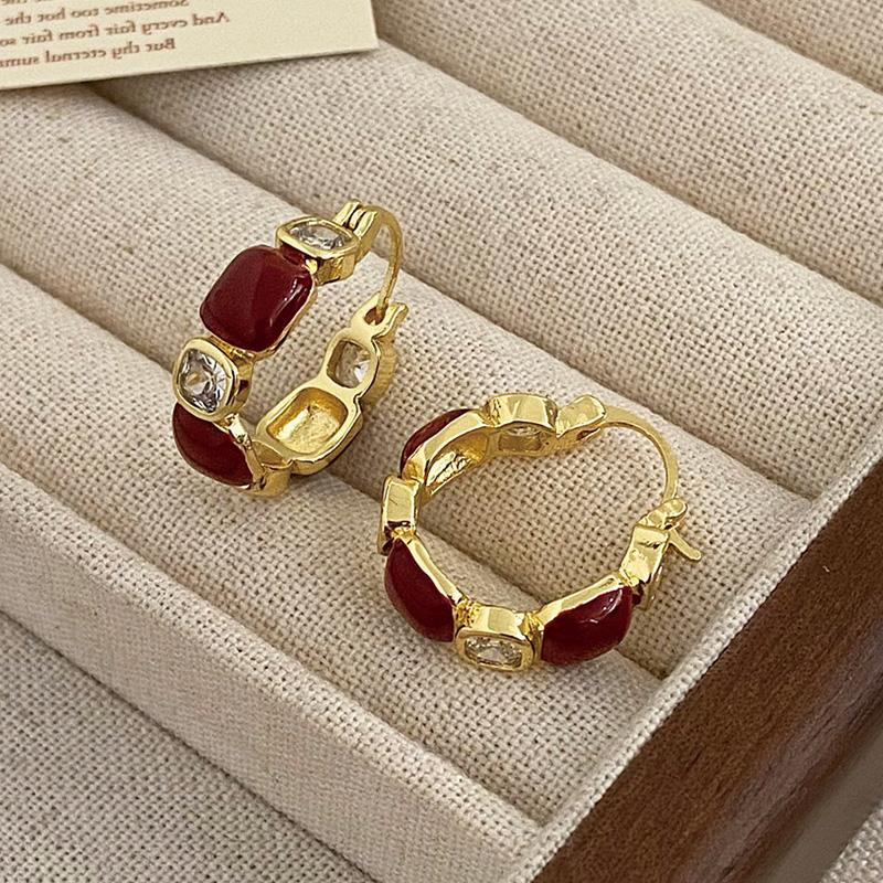 PONYKISS Sterling Silver Red Enamel Geometric Stud Earrings for Women Vintage Fine Minimalist Light Luxury Accessory