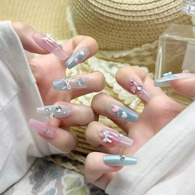 Plaid French blush amour étoile nœud doux dégradé amovible ongles portables 30 pièces