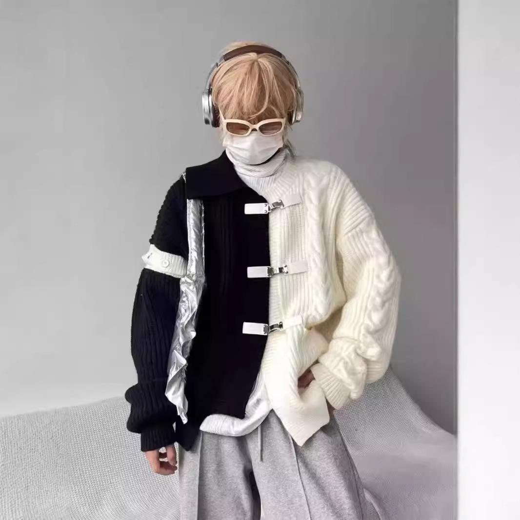 

Niche Design нерегулярный контрастный цветной свитер для мужчин и женщин, свободный деконструированный металлизированный вязаный кардиган 2XL