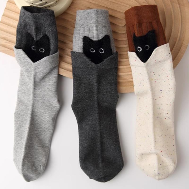 1-3pairs Cute Japanese Cartoon Kitten Mid Socks Women's Autumn and Winter Warm Stacking Socks Versatile Mid Socks