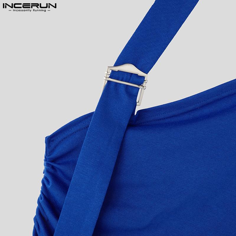 INCERUN Men Halter Irregular Neck Sleeveless Tops Solid Color Ruffled Tanks