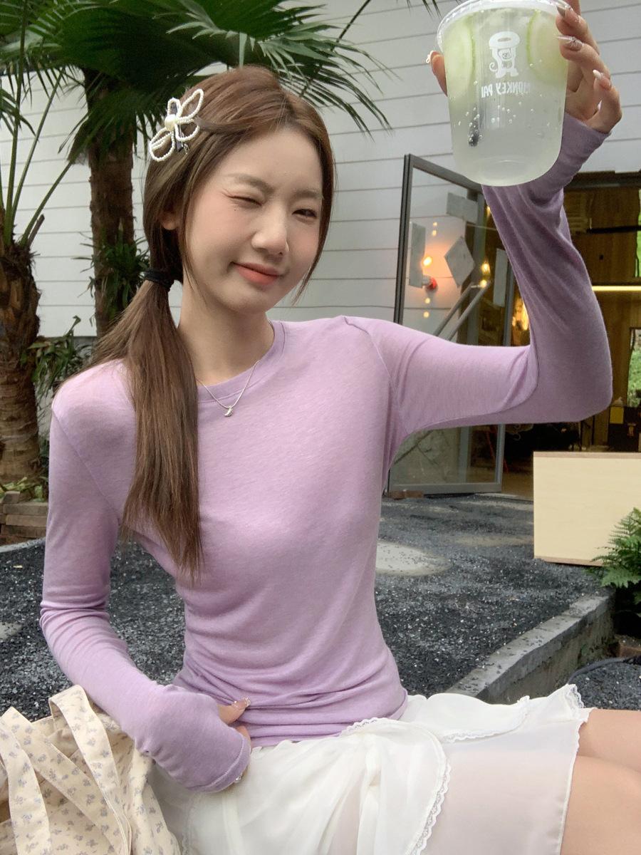 

High-end temperament taro purple round neck long-sleeved T-shirt women s spring wear slim-fitting and thin soft waxy small top S