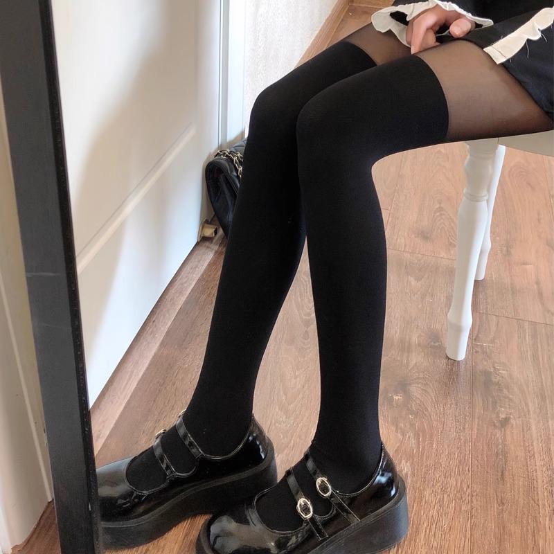 Damen Over-the-Knee Schwarze Strümpfe mit Trägern - Weiße Einteiler Strumpfhose