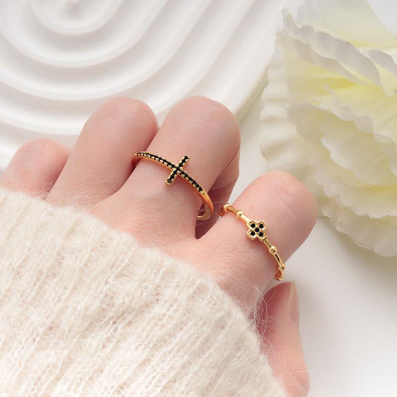 925 Silver Black Zircon Crystal Cross Finger Rings For Women Fashion Wedding Engagement Party Charm Jewelry