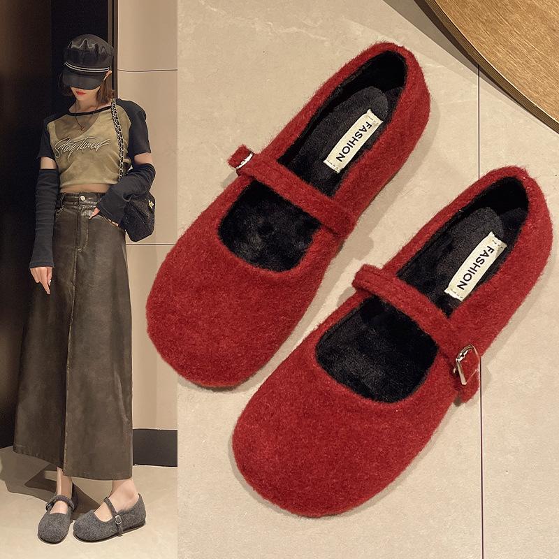 Ein Wort mit Wollmaterial flacher Mund Einzelne Schuhe Damen 2025 Herbst und Winter runde Zehen flauschige Schuhe niedriger Absatz Jugend Doudou Damenschuhe