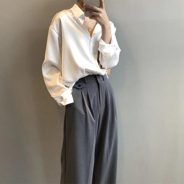 Jaro podzim klopa saténové halenky jednobarevná bílá černá košile s dlouhým rukávem dámská zelená halenka do kanceláře Módní top