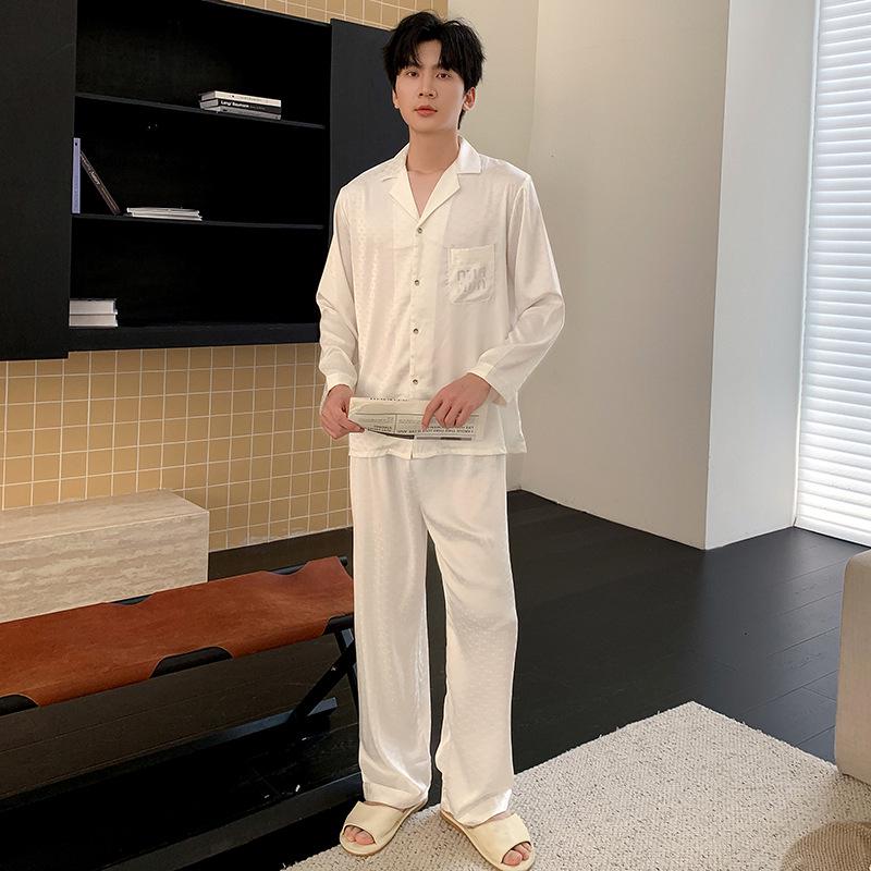 2025 Ice Silk Couples Pajama Set - Thin, Solid Color, Long Sleeve & Pants, Versatile Indoor/Outdoor Wear