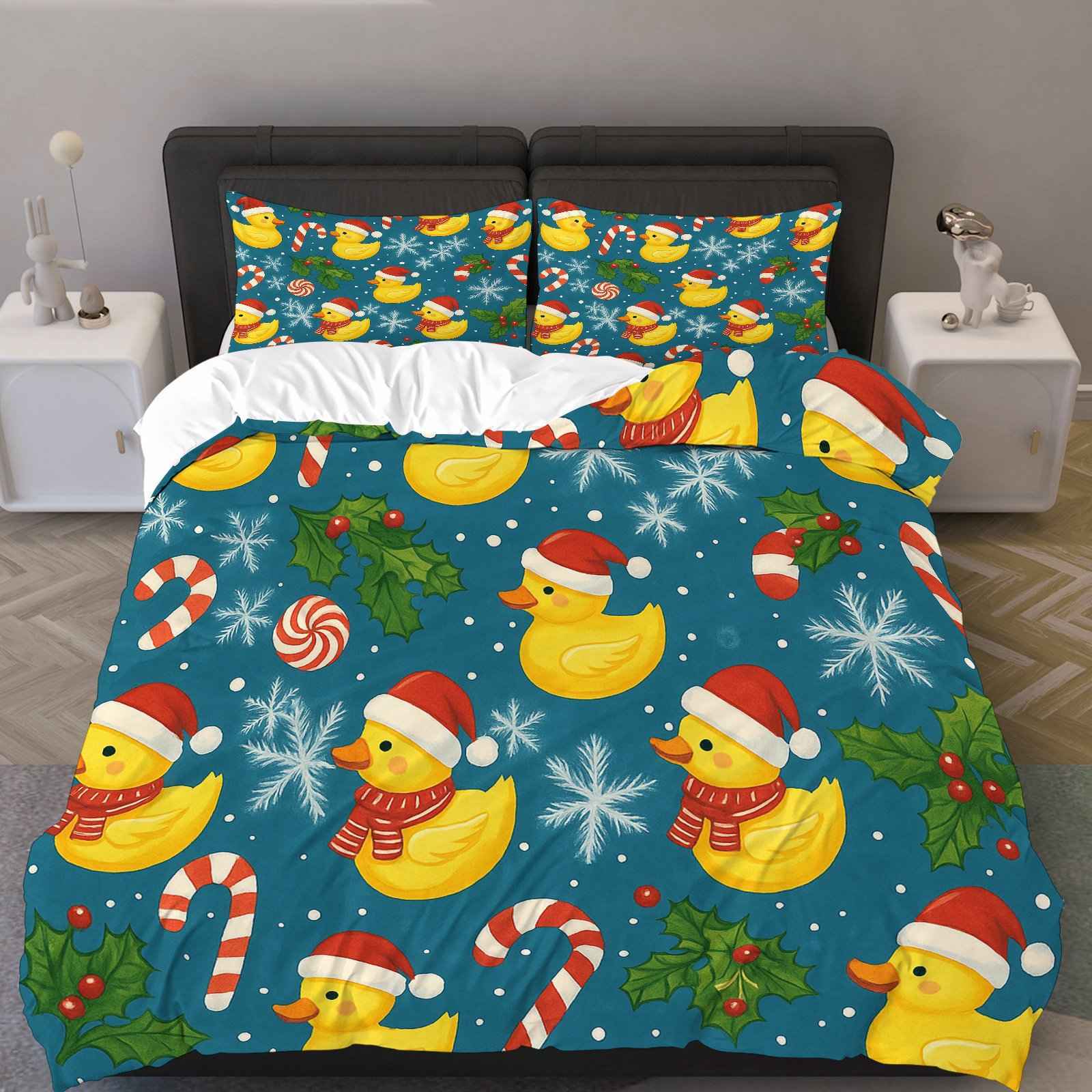 

[Рождественские украшения] 3 шт. Праздничный рождественский комплект пододеяльников с уткой и леденцом из уюта полиэстера, машинная стирка, застежка-молния EU Twin(135x200cm)