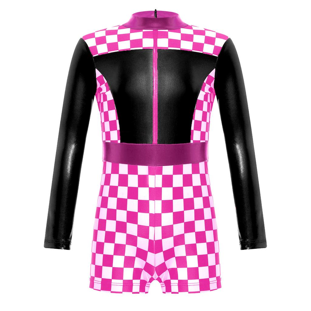 Girls Race Car Racer Costume Long Sleeve Checkerboard Print Back Zipper Short Jumpsuit Cosplay Costume