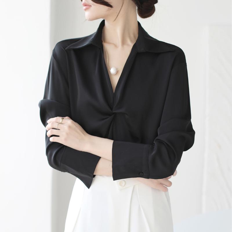Office Lady Satin Casual Loose Shirts for Women Spring and Autumn Professional Long Sleeve Blouses Women Tops Slim Fit Temperament Elegant Shirt 26067