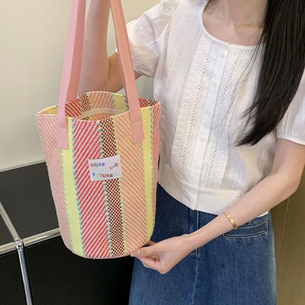 

Sweet Knitted Ladies Bucket Bags Large Capacity Novel Women s Beach Shoulder Bag Casual Colorful Female Travel Tote Handbags