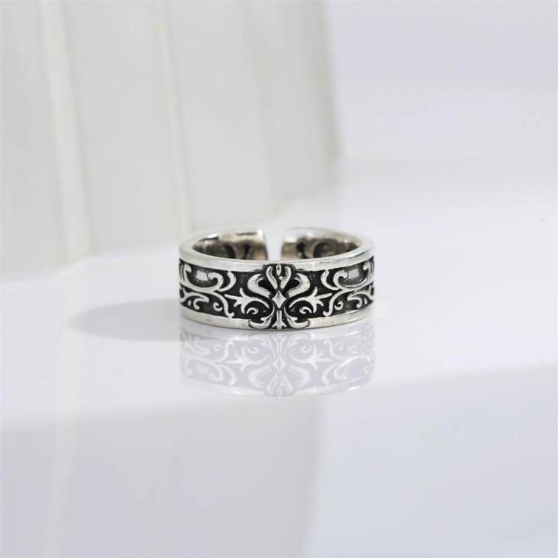 Adjustable Vintage Oxidized Floral Totem Ring Men Women Copper Statement Jewelry Boho Minimalist Style