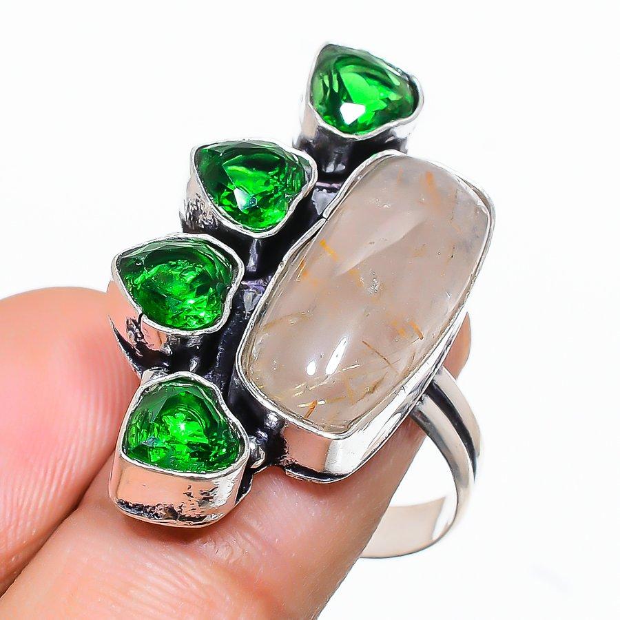 Golden Rutile, Peridot Gemstone 925 Sterling Silver Jewelry Ring Size 7 SU-7167