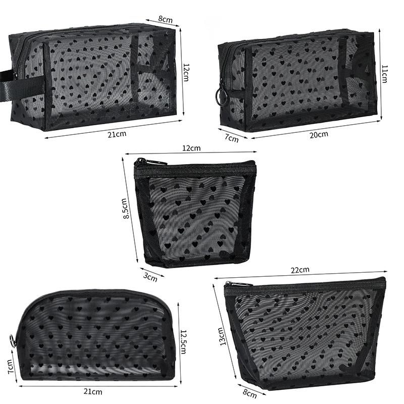 Borsa per il trucco a forma di cuore, in rete trasparente, multifunzione, portatile, per donne, con organizer per cosmetici, rossetti e articoli da toeletta