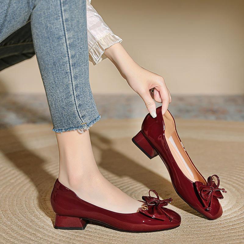 Customized~ Low-heeled single shoes women's 2025 new women's shoes red wedding shoes bow French square head thick-heeled high heels