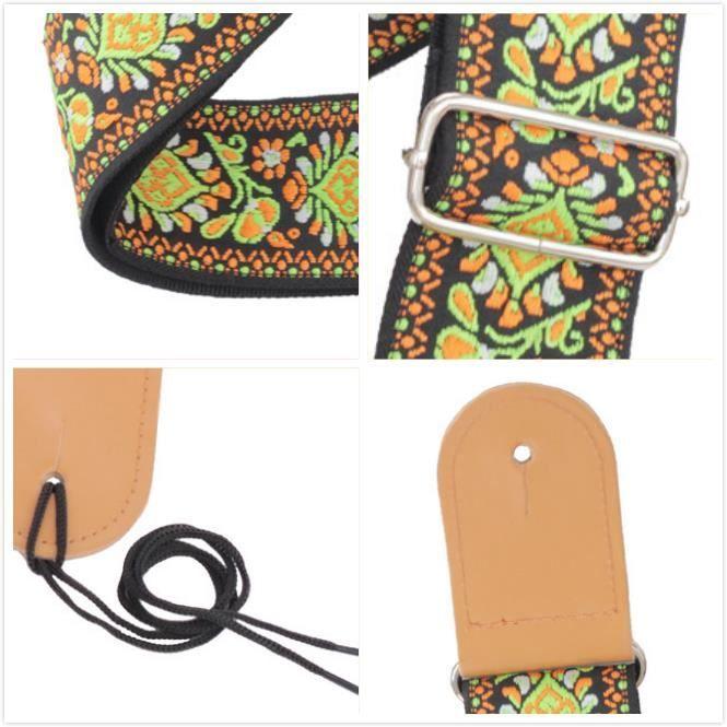 Rufun sangle de guitare rétro adjustable broderie vintage accessoire pour guitare électrique acoustique, 3 médiateurs inclus