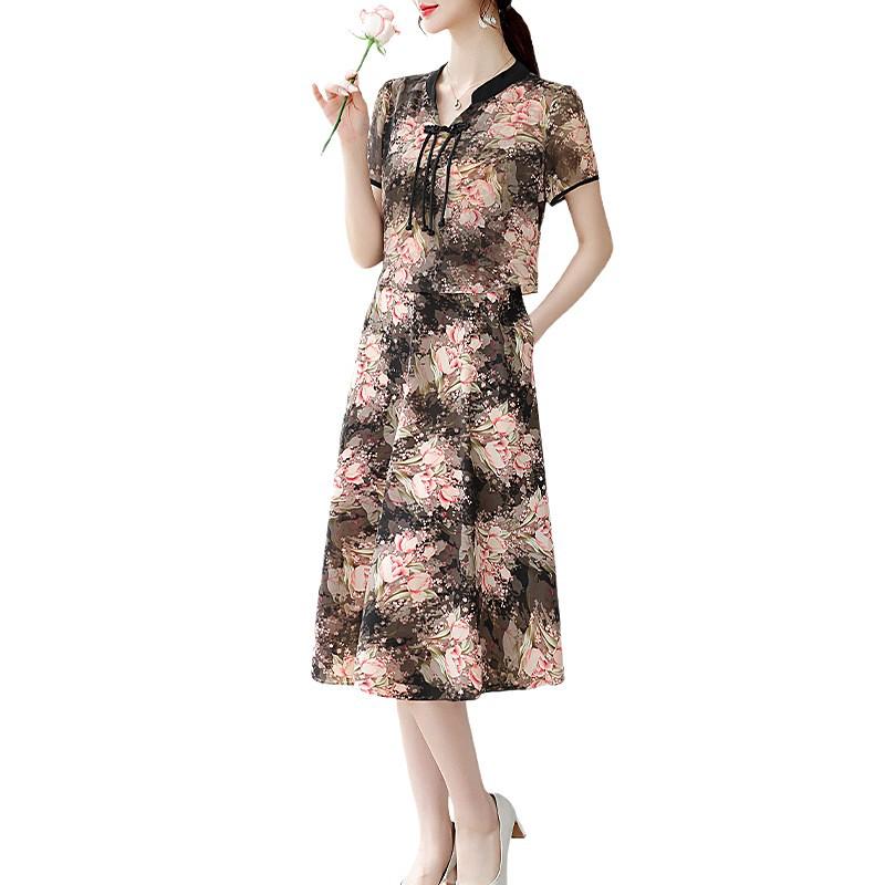 2026 Spring/Summer Fashionable V-Neck Short Sleeve Slimming Dress for Middle-Aged and Elderly Women