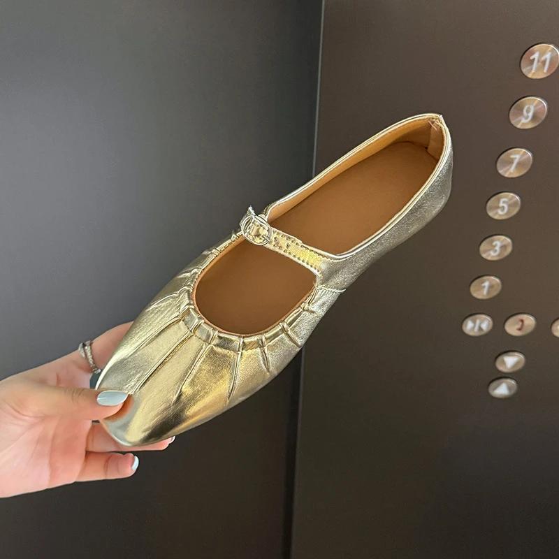2025 Mary Jane Shoes Glossy Leather Ballet Flats Fashion Pleated Low Heel Single Loafers Women Soft Sole Casual Mules Pumps